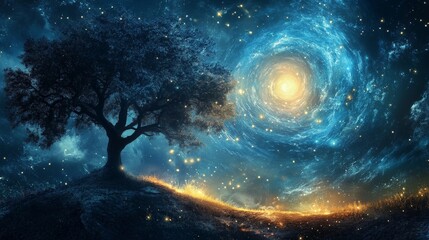 Wall Mural - Abstract digital art with a single tree and a swirling night sky