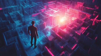 Aufkleber - Businessman standing before glowing exit of digital maze