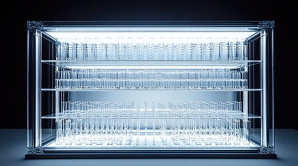 Poster - Glass test tubes in a rack filled with chemical samples under bright laboratory lighting.