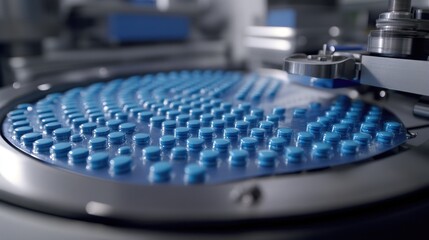Poster - High-tech pharmaceutical packaging machine sealing blister packs of medicine.