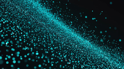 Poster - Abstract teal glittering particles float on a dark surface, shining brightly