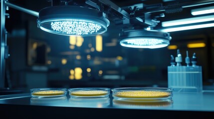 Poster - petri dishes with bacterial cultures placed under sterile laboratory lighting.