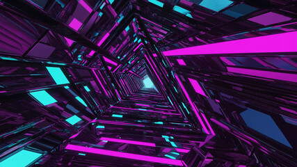 Poster - Abstract tunnel of geometric neon shapes with magenta and teal lighting effect