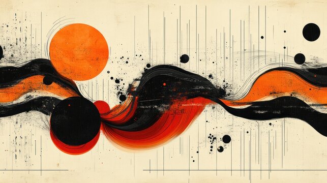 Abstract art, flowing shapes, orange and black colors, graphic design, textured background, modern, 