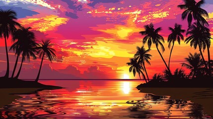 Poster - A beautiful sunset over the ocean. The warm colors of the sky and the palm trees create a relaxing and peaceful scene.