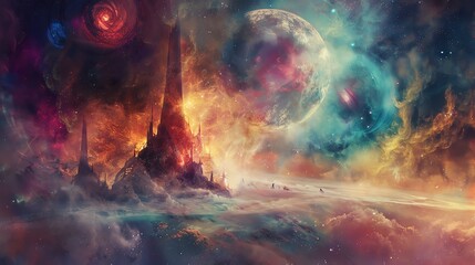 Wall Mural - a beautiful landscape of a distant planet with a large moon. the planet is covered in colorful cloud