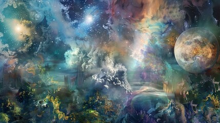 Canvas Print - The image is a beautiful and awe-inspiring depiction of a distant planet. The planet is surrounded by a colorful and vibrant atmosphere.