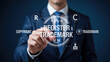 © Buckley - Protecting Intellectual Property: A professional figure in a sharp suit points to 'Register Trademark', symbolizing the importance of safeguarding creations. The shot conveys a sense of trust.