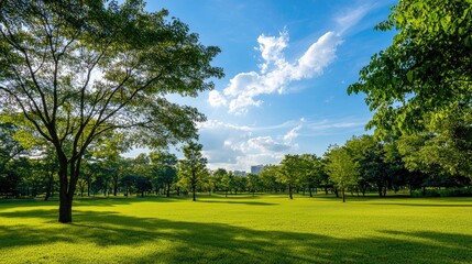 Wall Mural - a relaxing city park landscape with green fields, large trees, and a vibrant sky.