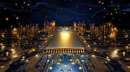 Poster - Blue and gold glowing circuit board pattern, representing advanced technology and innovation.