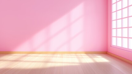 Poster - Serene Interior Scene Featuring Softly Lit Room with Gentle Shadows and Light Reflections on Smooth Wooden Floor in a Pink Color Palette