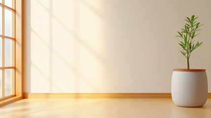Poster - Serene Minimalist Interior Scene with Potted Plant in Bright Sunlit Room Showcasing Calm and Tranquility for Relaxing Atmosphere