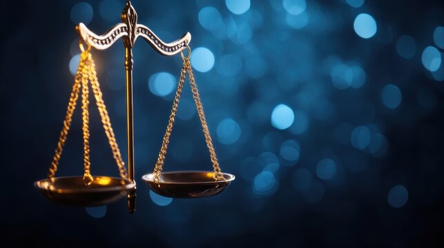 Abstract concept of business integrity, radiant scales floating in golden light, balanced against a deep blue background