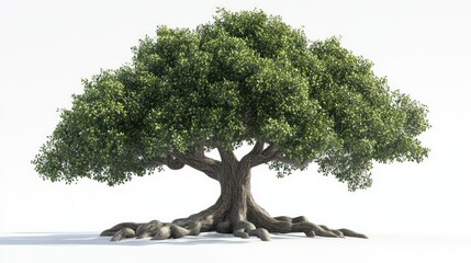 Lush green tree roots, white background, nature imagery, environmental design