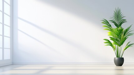 Poster - Bright and Serene Minimalist Interior Space with Smooth Light and Green Plant Offering Tranquility and Freshness in Modern Design Aesthetic