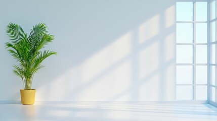 Poster - Serene Minimalist Interior Space Featuring Smooth Walls and Lush Green Plant in Bright Natural Light with Large Window and Soft Shadows