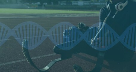 Poster - DNA strand animation over athlete with prosthetic legs on running track