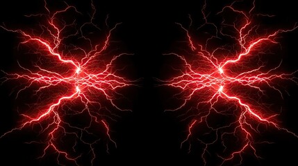 Poster - Two mirrored symmetrical bursts of red lightning bolts on black background radiating power and energy