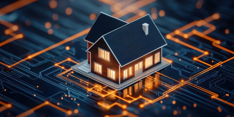 digital house model on circuit board background