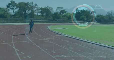 Poster - Running on track, athlete with animation of digital data and energy analysis