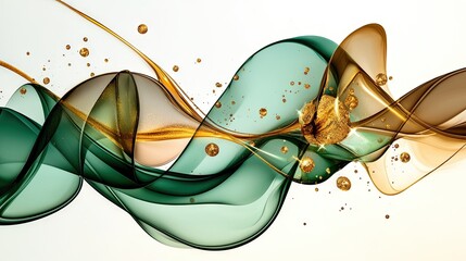 Poster - Elegant abstract fluid ink art with shimmering gold and emerald green waves on a white background.