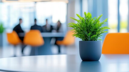 Poster - Create a Highly Detailed Scene of a Modern Office Environment Featuring a Potted Plant in the Foreground and a Conference Area in the Background