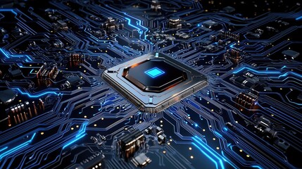 Poster - Futuristic circuit board with glowing blue lines, forming an intricate technological background.