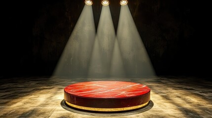 Poster - Minimalist round red pedestal on a studio floor with glowing holiday spotlights.