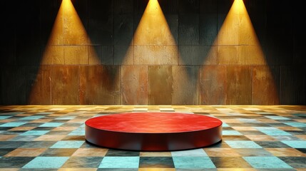 Poster - Minimalist round red pedestal on a studio floor with glowing holiday spotlights.
