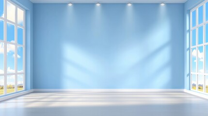 Poster - Spacious Minimalist Interior Gallery with Light Blue Walls and Natural Light from Large Windows