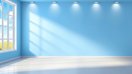 Poster - Minimalist Interior Art Gallery Space with Blue Walls and Natural Light Streaming Through Large Windows