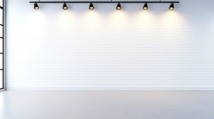 Poster - Bright, Minimalist Art Gallery Interior Design with Spotlights on White Brick Wall and Open Space for Creativity