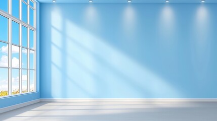Poster - Modern Minimalist Interior Gallery with Blue Walls and Natural Light Showcasing a Spacious Empty Space Ideal for Art Display and Creative Design,Office interior backdrop for online meetings