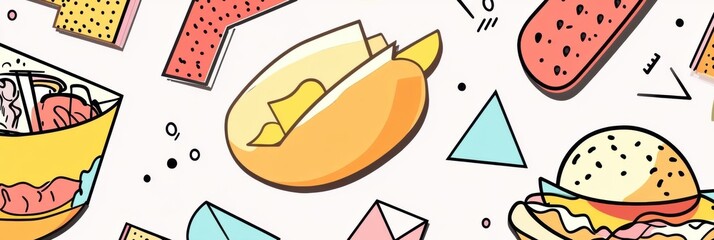 Fototapete - Memphis style pop-art background with vibrant geometric food shapes and bold lines creating a lively and colorful atmosphere in an abstract design