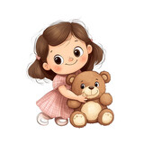 Adorable cartoon girl with a plaid dress hugs a teddy bear, expressing a sense of comfort and childhood joy, illustrated with soft lines.