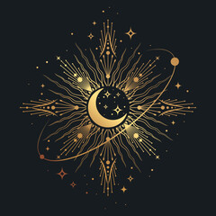 Wall Mural - golden drawing of the sun with stars. tarot cards, boho illustration, magic card. template for poste