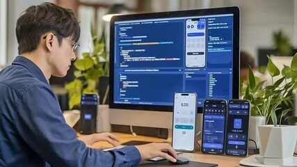 Male developer focused on coding and testing mobile app interfaces across multiple devices in office