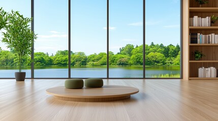 Poster - Serene and Inviting Interior Scene with Natural Light and Minimalist Design Showcasing Large Windows Overlooking a Tranquil Lake and Lush Greenery,Office interior backdrop for online meetings