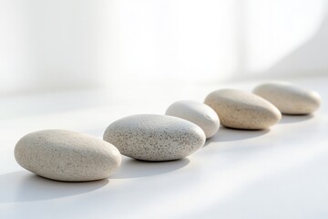 Poster - Minimalist arrangement of smooth river stones on a white surface with soft lighting and neutral aesthetic for peaceful ambiance