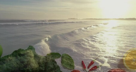 Poster - Animation of ocean waves crashing with leaves and flowers in foreground