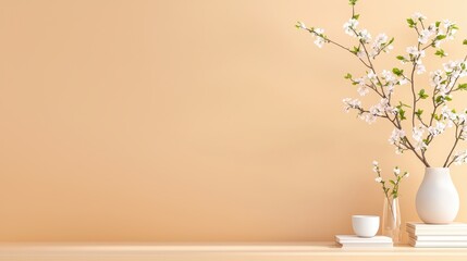 Poster - Office interior backdrop for online meetings, Serene and Minimalist Interior Scene with Flowering Branches and Modern Accessories on a Clean Tabletop