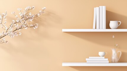 Poster - Office interior backdrop for online meetings, Serene Minimalist Interior Scene with Light Shelves, Books, and Floral Arrangement on Soft Peach Background