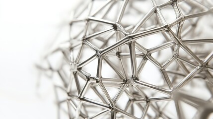 Poster - Interconnected metals create a geometric network, forming a complex and visually striking structure against a white background, showcasing intricate patterns and precision.