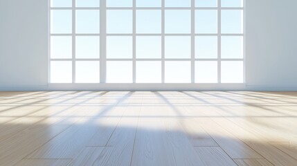 Poster - Office interior backdrop for online meetings, Serene Minimalist Interior Space with Abundant Natural Light and Clean Lines Featuring Bright Windows and Light Wooden Floor
