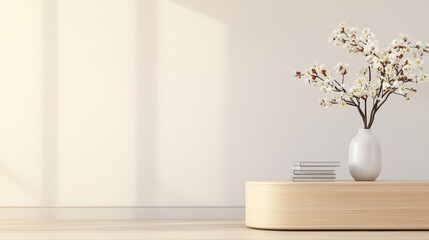 Poster - Office interior backdrop for online meetings, Serene and Minimalist Interior Scene Featuring a Simple Vase with Blossoms and a Stack of Books on a Natural Wood Surface
