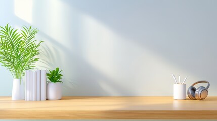 Poster - Office interior backdrop for online meetings, Serene and Minimalist Workspace with Natural Elements, Soft Lighting and Clean Aesthetic for Productive Ambience and Creative Inspiration