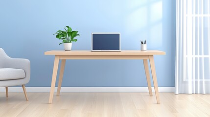 Poster - Modern and Serene Home Office Scene Featuring Minimalist Desk, Laptop, Green Plant, and Soft Natural Light for Productive Work Environment,Office interior backdrop for online meetings