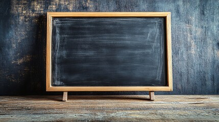 Aufkleber - Empty blackboard standing on wooden table against dark blue background