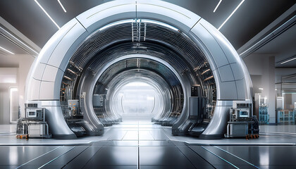 Poster - Futuristic tunnel with a sleek, metallic design, illuminated by bright lights, leading to a bright opening in the distance
