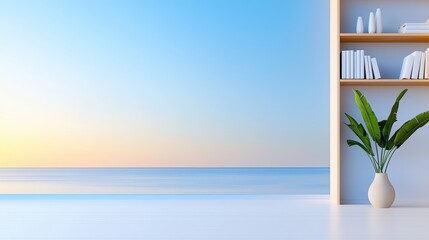 Poster - Office interior backdrop for online meetings, Serene Modern Interior Scene with Shelving Unit and Potted Plant by Tranquil Ocean View at Sunrise, Ideal for Minimalist Design Inspiration